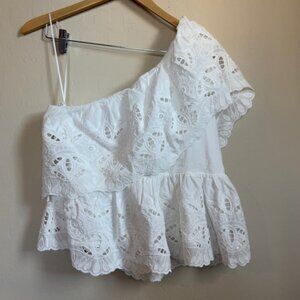 VICI Women’s Eyelet White One Shoulder Ruffle Top Feminine Beach Extra Large